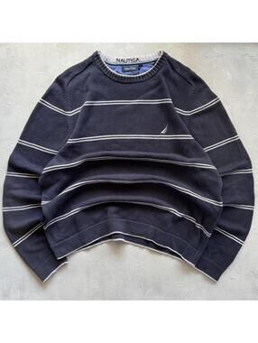 Vintage 1990s Nautica Navy Blue Striped Indie Knit Sweater